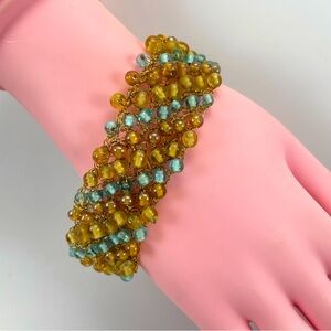 Lisa Toland Glass Beaded Gold Tone Wire Magnetic Closure Statement Bracelet